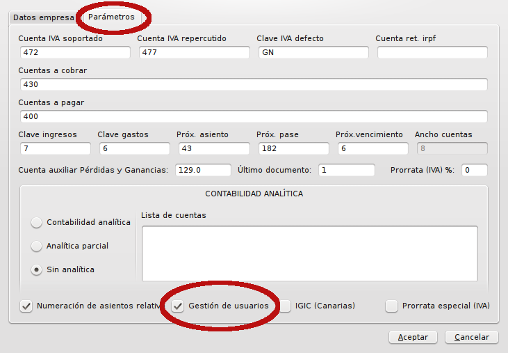 configuración usuarios