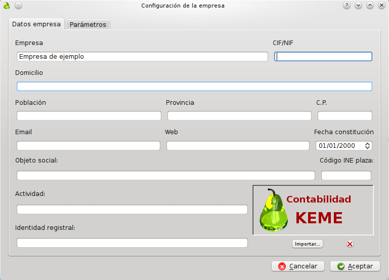 Diálogo de configuración de empresa