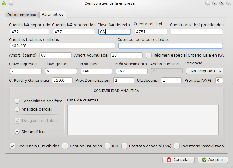 Diálogo configuracion empresa