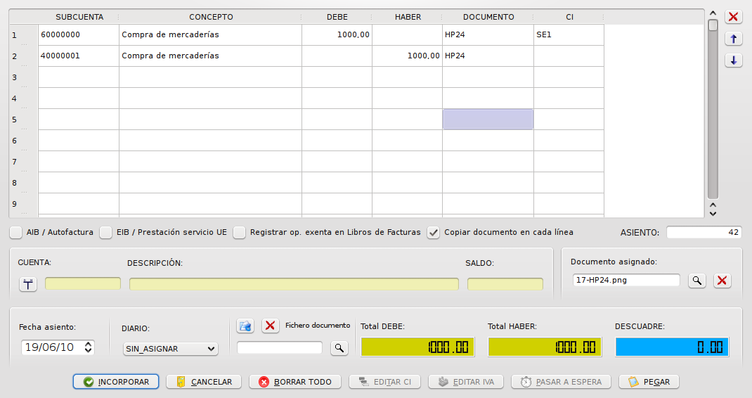 Tabla de edición de asientos