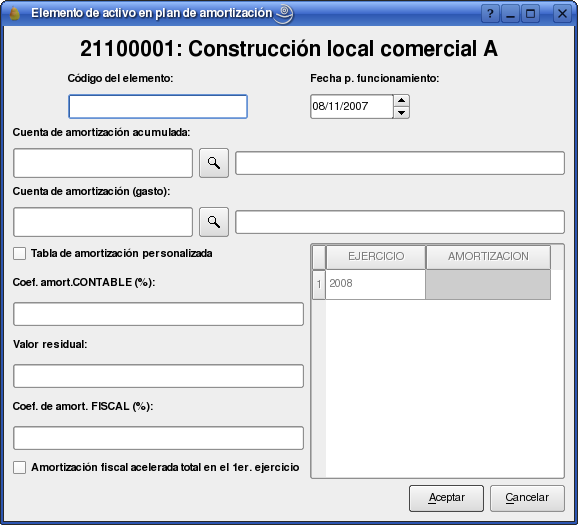 Edición de elemento en plan de amortización