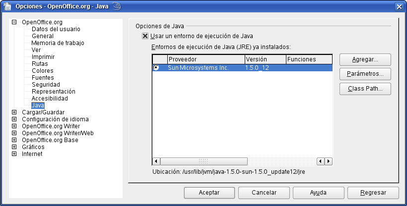 Opciones java en OpenOffice