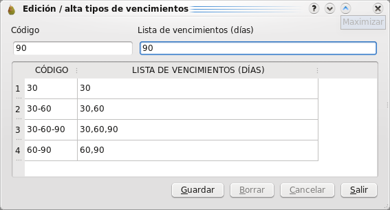Edición de tipos de vencimientos
